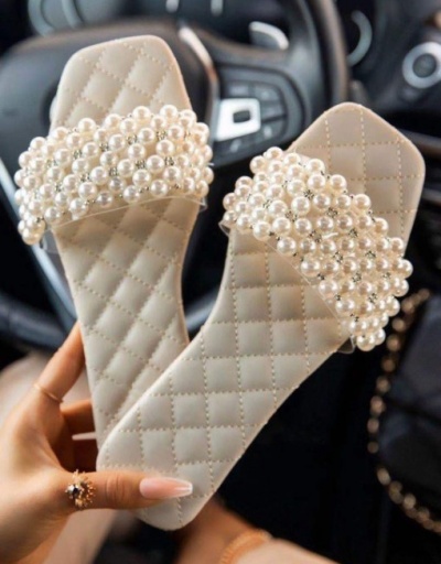 Replica Vintage Faux Pearl Square Neck Ladies Slippers For Women #792866 $33.33 USD for Wholesale