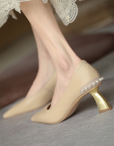 Replica Lady Style Faux Pearl Pointed Toe Slip On Heels For Women #792898 $41.39 USD for Wholesale