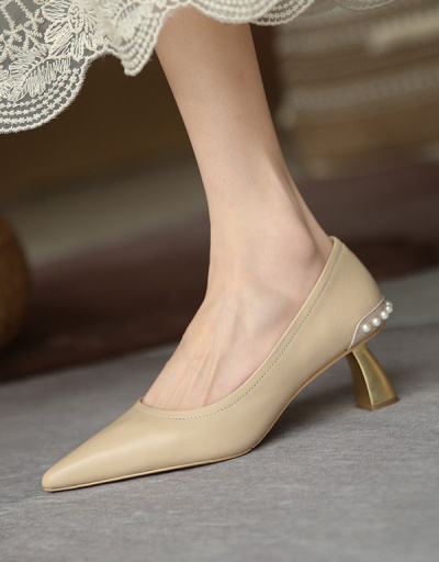 Replica Lady Style Faux Pearl Pointed Toe Slip On Heels For Women #792898 $41.39 USD for Wholesale