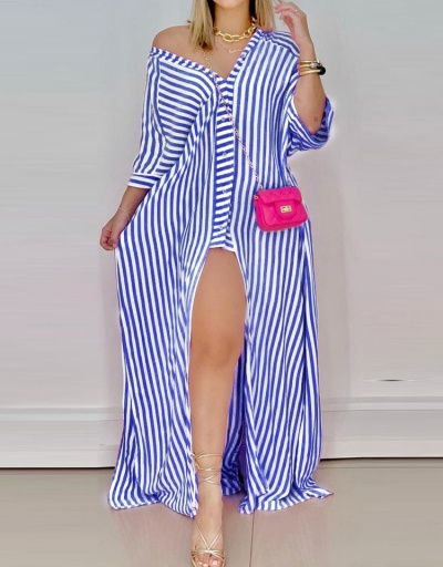 Modern Striped Loose Fitting Slit Maxi Dress V Neck Long Sleeve For Women #792934 $37.50 USD, Wholesale Fashion Maxi Dresses