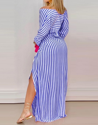 Replica Modern Striped Loose Fitting Slit Maxi Dress V Neck Long Sleeve For Women #792934 $37.50 USD for Wholesale