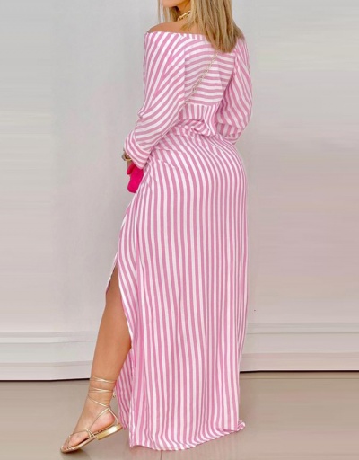 Replica Modern Striped Loose Fitting Slit Maxi Dress V Neck Long Sleeve For Women #792934 $37.50 USD for Wholesale