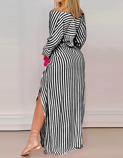 Replica Modern Striped Loose Fitting Slit Maxi Dress V Neck Long Sleeve For Women #792934 $37.50 USD for Wholesale