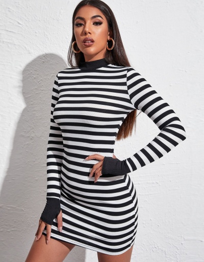 Replica Autumn Contrast Color Striped Mini Dress Mock Neck Long Sleeve For Women #792963 $18.13 USD for Wholesale