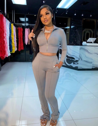 Zip Up Stand Collar Solid Color Tracksuit Set Stand Collar Long Sleeve #793058 $82.00 USD, Wholesale Fashion Women Suits