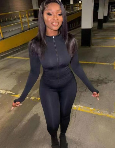 Plain Black Zipper Gym Outfits O Neck Long Sleeve #793078 $26.75 USD, Wholesale Fashion Women Suits