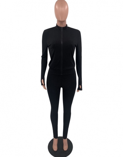 Replica Plain Black Zipper Gym Outfits O Neck Long Sleeve #793078 $26.75 USD for Wholesale