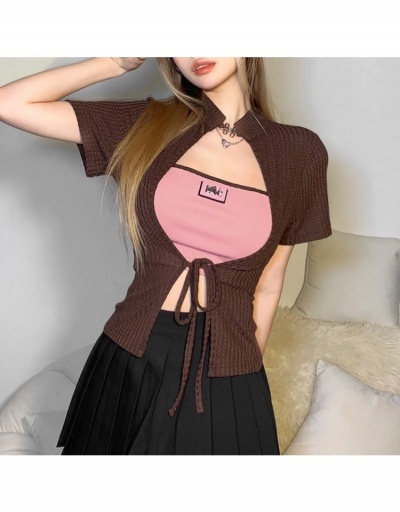 Replica Fashion Contrast Color Bandage Patchwork Women's Two-Piece Set Short Sleeve Crew Neck #793162 $22.15 USD for Wholesale