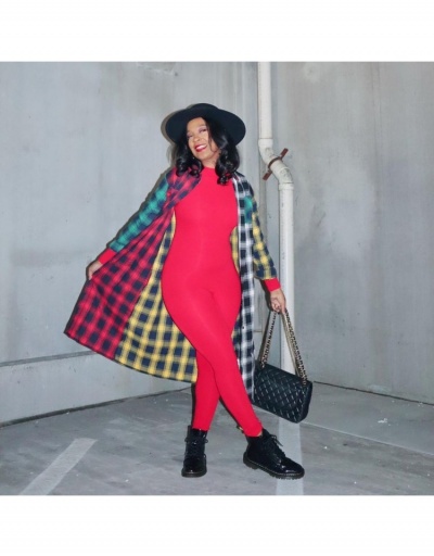  Contrast Color Plaid Casual Long Sleeve Long Coat Long Sleeve Turndown Collar #793165 $35.10 USD, Wholesale Fashion Outerwear