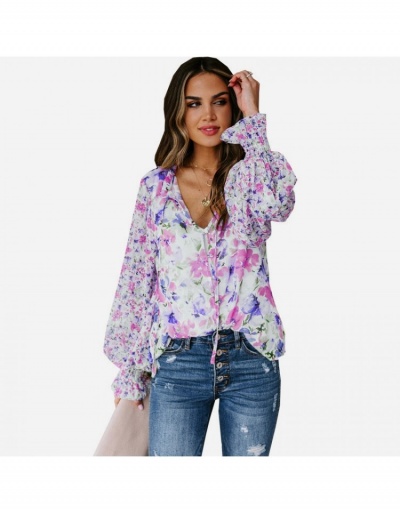  Spring Loose Lantern Sleeve Floral Women's Chiffon Shirt Long Sleeve Stand Collar #793171 $21.31 USD, Wholesale Fashion Outerwear