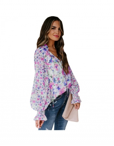 Replica  Spring Loose Lantern Sleeve Floral Women's Chiffon Shirt Long Sleeve Stand Collar #793171 $21.31 USD for Wholesale