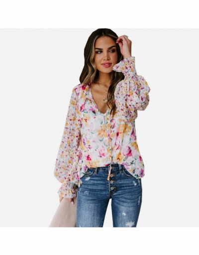 Replica  Spring Loose Lantern Sleeve Floral Women's Chiffon Shirt Long Sleeve Stand Collar #793171 $21.31 USD for Wholesale