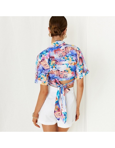 Replica  Temperament Commuter Twist Chiffon Printed Blue Cardigan Short Sleeve Turndown Collar #793174 $23.71 USD for Wholesale