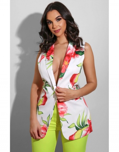 Office Lady Floral Printing Notch Neck Long Blazers  Sleeveless Notch Collar #793180 $25.48 USD, Wholesale Fashion Outerwear