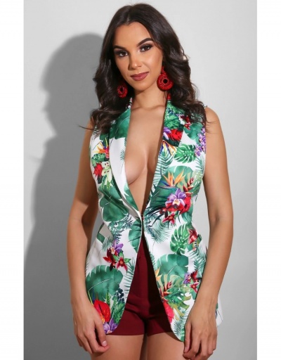 Replica Office Lady Floral Printing Notch Neck Long Blazers  Sleeveless Notch Collar #793180 $25.48 USD for Wholesale