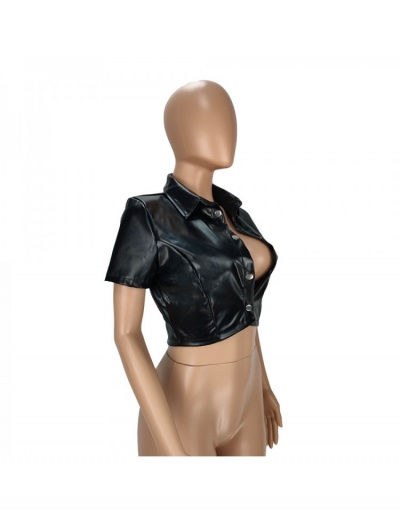 Replica Trendy Black PU Leather Short Jacket For Women Short Sleeve Turndown Collar #793204 $24.89 USD for Wholesale