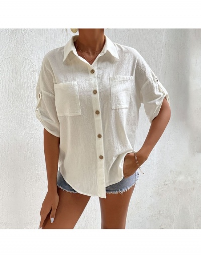 Replica Simple Design Single-breasted Short Sleeve Pockets Blouse  Short Sleeve Turndown Collar #793225 $24.80 USD for Wholesale