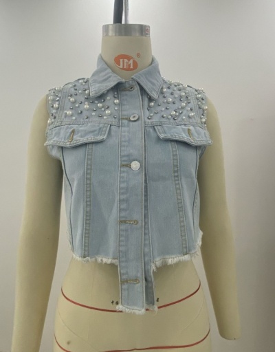 Replica Faux-Pearls  Rhinestone  Sleeveless Denim Jackets For Women Sleeveless Lapel,Turndown Collar #793238 $31.53 USD for Wholesale