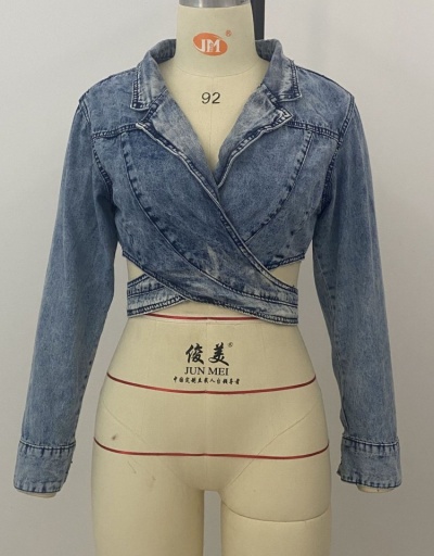 Replica Designer Notch Collar Long Sleeve Cropped Denim Jackets Long Sleeve Notch Collar #793239 $34.53 USD for Wholesale