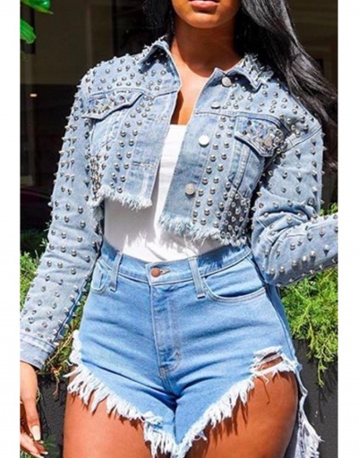 Rivets Long Sleeve Cropped Denim Jackets For Women Long Sleeve Turndown Collar #793240 $49.01 USD, Wholesale Fashion Outerwear