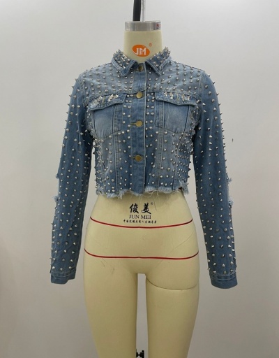 Replica Rivets Long Sleeve Cropped Denim Jackets For Women Long Sleeve Turndown Collar #793240 $49.01 USD for Wholesale