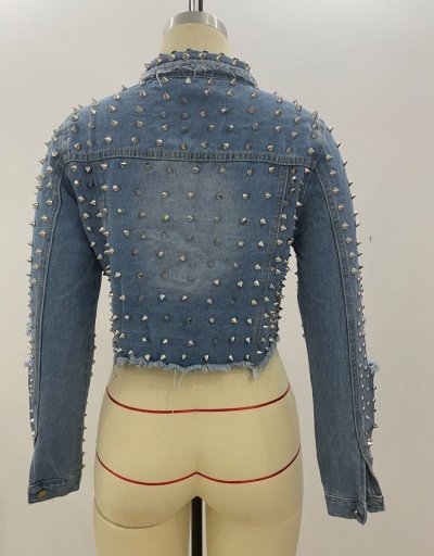 Replica Rivets Long Sleeve Cropped Denim Jackets For Women Long Sleeve Turndown Collar #793240 $49.01 USD for Wholesale