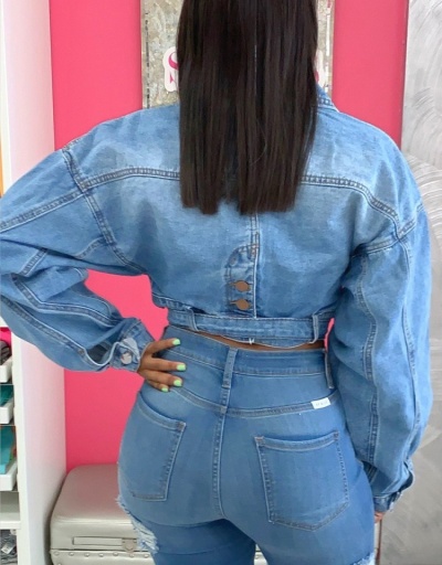 Replica Casual Fashion Pure Color Denim Jacket For Women Turndown Collar #793243 $30.88 USD for Wholesale