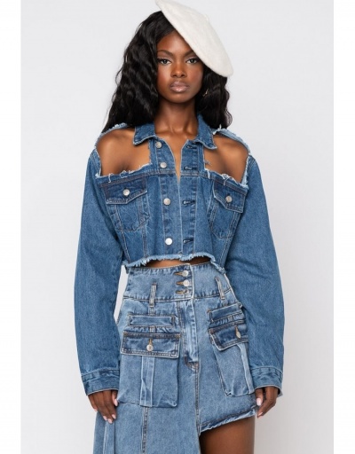 Replica Fashion Pure Color Ripped Long Sleeve Denim Jackets Long Sleeve Turndown Collar #793247 $29.78 USD for Wholesale