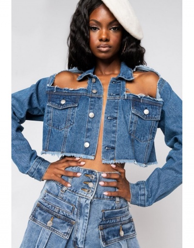 Replica Fashion Pure Color Ripped Long Sleeve Denim Jackets Long Sleeve Turndown Collar #793247 $29.78 USD for Wholesale