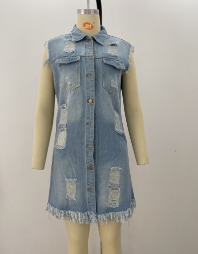 Replica  Pure Color Ripped Denim Tassels Cardigan Jacket Sleeveless Turndown Collar #793248 $33.35 USD for Wholesale