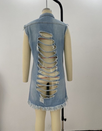 Replica  Pure Color Ripped Denim Tassels Cardigan Jacket Sleeveless Turndown Collar #793248 $33.35 USD for Wholesale