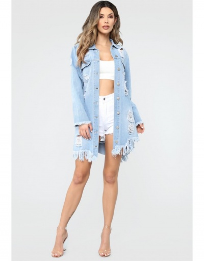  Fashion Denim Ripped Mid-Length Women's Coat Long Sleeve Turndown Collar #793249 $29.78 USD, Wholesale Fashion Outerwear