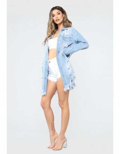 Replica  Fashion Denim Ripped Mid-Length Women's Coat Long Sleeve Turndown Collar #793249 $29.78 USD for Wholesale