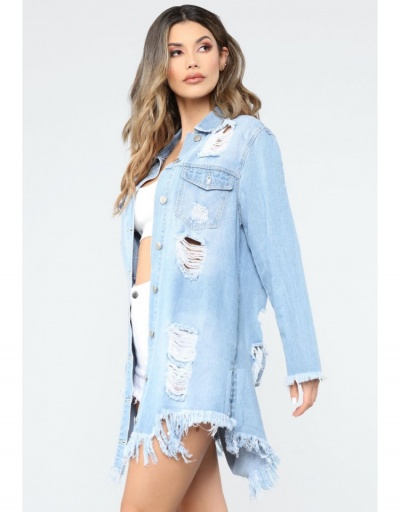 Replica  Fashion Denim Ripped Mid-Length Women's Coat Long Sleeve Turndown Collar #793249 $29.78 USD for Wholesale