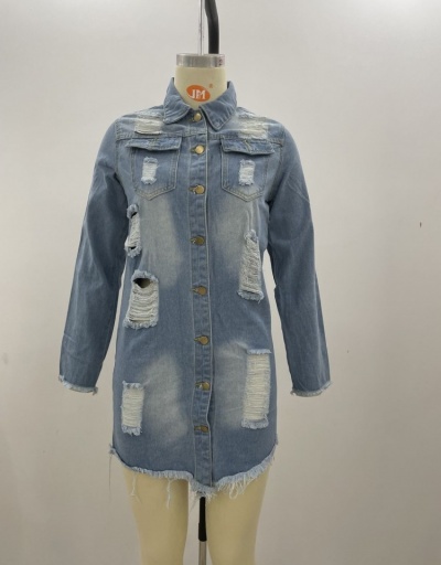 Replica  Fashion Denim Ripped Mid-Length Women's Coat Long Sleeve Turndown Collar #793249 $29.78 USD for Wholesale