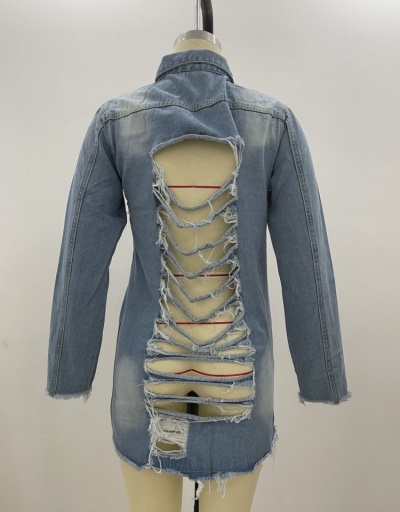 Replica  Fashion Denim Ripped Mid-Length Women's Coat Long Sleeve Turndown Collar #793249 $29.78 USD for Wholesale