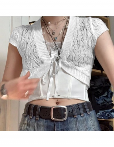 Replica  Spring Solid Hollowed Out Wool Women Short Cardigan  Short Sleeve V Neck #793258 $18.38 USD for Wholesale