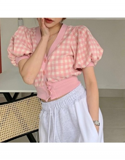  Spring Fashion Plaid Puff Sleeve Short Sleeve Cardigan Short Sleeve V Neck #793259 $29.25 USD, Wholesale Fashion Outerwear