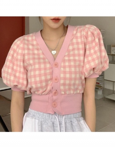 Replica  Spring Fashion Plaid Puff Sleeve Short Sleeve Cardigan Short Sleeve V Neck #793259 $29.25 USD for Wholesale