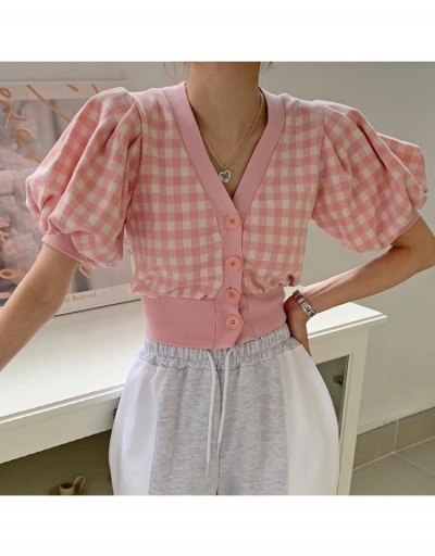 Replica  Spring Fashion Plaid Puff Sleeve Short Sleeve Cardigan Short Sleeve V Neck #793259 $29.25 USD for Wholesale