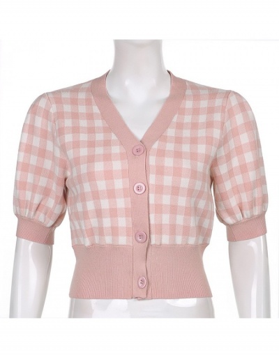 Replica  Spring Fashion Plaid Puff Sleeve Short Sleeve Cardigan Short Sleeve V Neck #793259 $29.25 USD for Wholesale