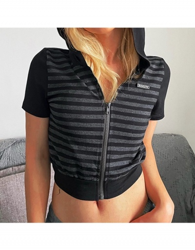 Fashion Striped Hooded Zipper Crop Cardigan Short Sleeve Hooded Collar #793261 $24.52 USD, Wholesale Fashion Outerwear