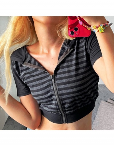 Replica Fashion Striped Hooded Zipper Crop Cardigan Short Sleeve Hooded Collar #793261 $24.52 USD for Wholesale