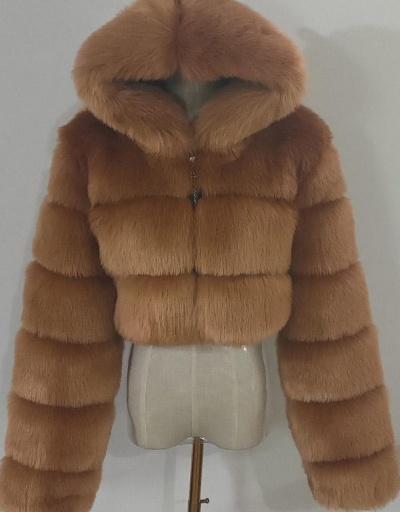 Replica Soft Solid Hooded Collar Artificial Fur Short Coat Long Sleeve #793277 $74.62 USD for Wholesale