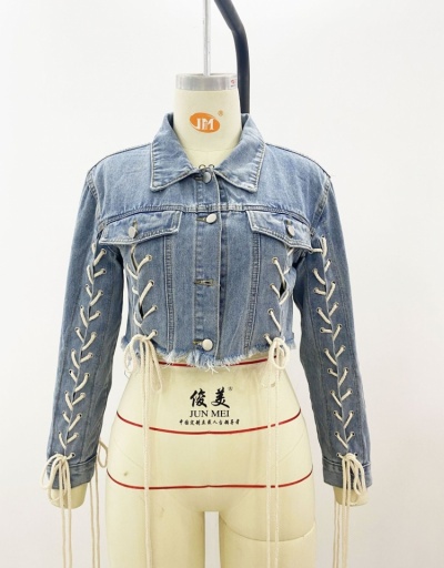 Replica Tie Wrap Designer Crop Denim Jackets For Women Long Sleeve Turndown Collar #793308 $42.12 USD for Wholesale