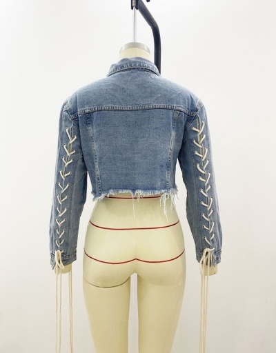 Replica Tie Wrap Designer Crop Denim Jackets For Women Long Sleeve Turndown Collar #793308 $42.12 USD for Wholesale