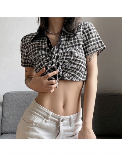  Summer Plaid Printing Drawstring Crop Cardigan Short Sleeve Turndown Collar #793328 $22.76 USD, Wholesale Fashion Outerwear