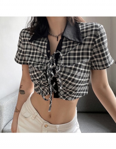 Replica  Summer Plaid Printing Drawstring Crop Cardigan Short Sleeve Turndown Collar #793328 $22.76 USD for Wholesale