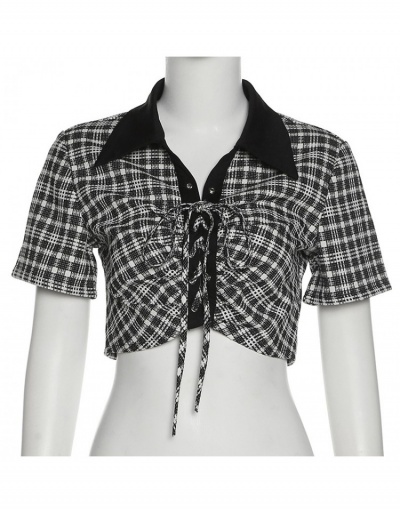 Replica  Summer Plaid Printing Drawstring Crop Cardigan Short Sleeve Turndown Collar #793328 $22.76 USD for Wholesale