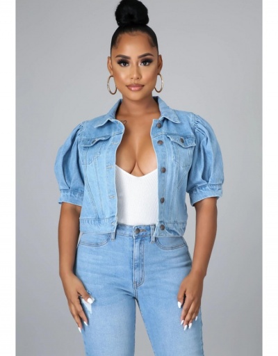 Basic Style Puff Sleeve Denim Jacket Half Sleeve Turndown Collar #793336 $30.88 USD, Wholesale Fashion Outerwear